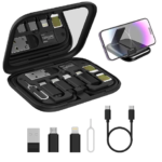 Compact multi-functional travel charging kit with USB-C cable, Lightning adapter, SIM ejector tool, and phone stand in a portable case