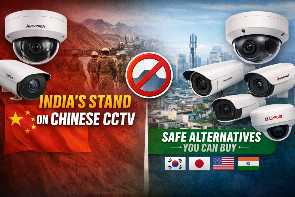 India restricting Chinese CCTV cameras showing Hikvision and Dahua on one side and safe alternatives like Panasonic, Honeywell, and CP Plus on the other