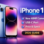 iPhone 15 blue color with dual camera, Dynamic Island display, and 48MP camera highlights with USB-C features 2026 guide