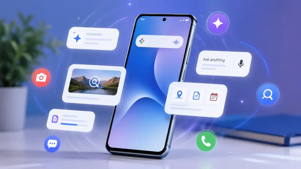 Mid-range smartphone showing AI assistant and search features on screen
