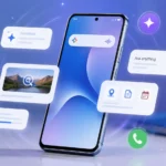 Mid-range smartphone showing AI assistant and search features on screen