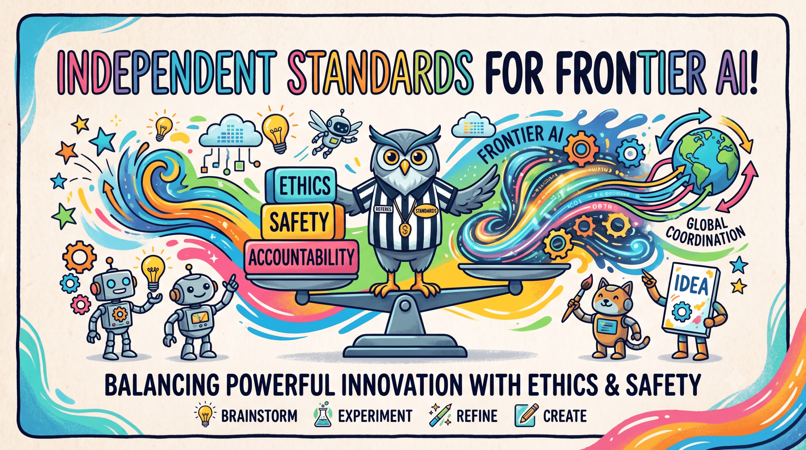 A colorful cartoon illustration titled "Independent Standards for Frontier AI!" featuring an owl referee balancing "Ethics, Safety, and Accountability" blocks on a scale against "Frontier AI" innovation and global coordination.