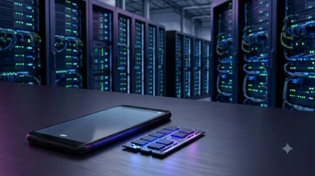 Smartphone and memory chips illustrating AI-driven component price pressure.